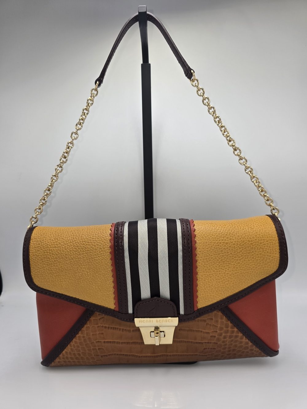 henri bendel Mixed Media Orange Brown Leather Shoulder Bag Clutch Gold Chain